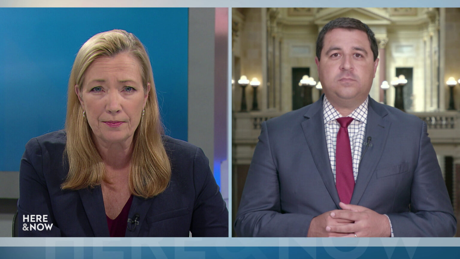 A split screen shows Frederica Freyberg and Josh Kaul in different locations.