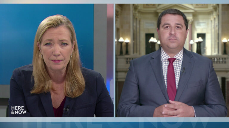 A split screen shows Frederica Freyberg and Josh Kaul in different locations.