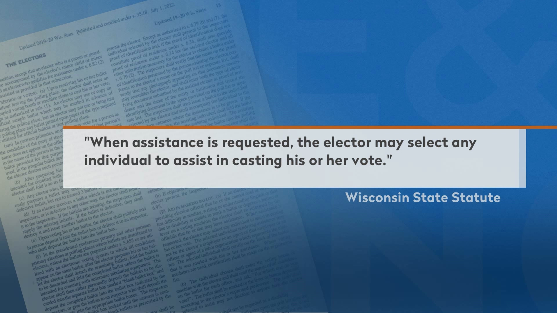 A text graphic reads "When assistance is requested, the elector may select any individual to assist in casting his or her vote" and is attributed to Wisconsin State Statute.
