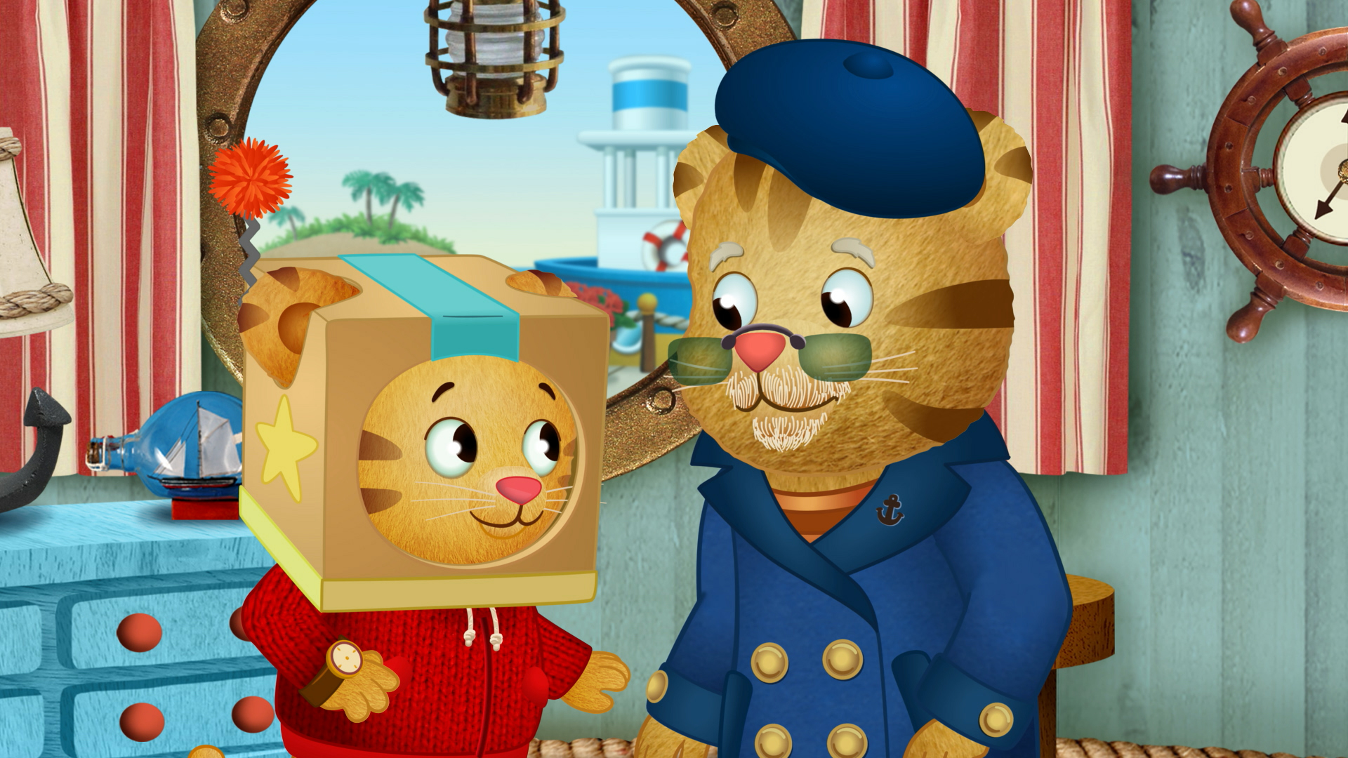 Daniel Tiger with a box-helmet on his head standing with his grandpa