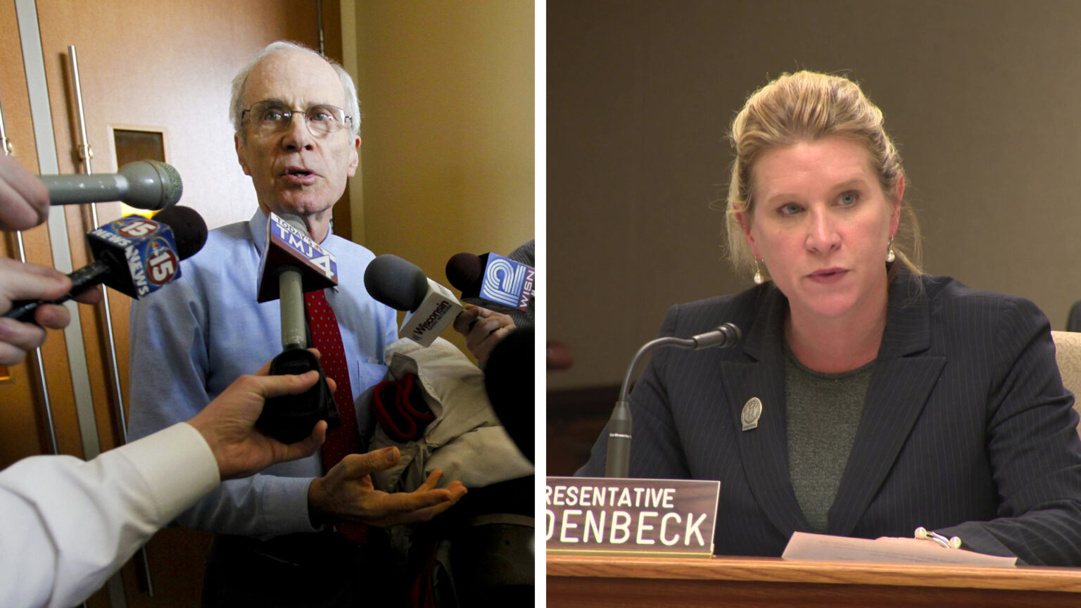 On the left half of a two-part image, Doug La Follette speaks into a half-dozen microphones held by reporters in front of a door. On the right half of the image, Amy Loudenbeck speaks into a microphone while seated in a legislative meeting room.