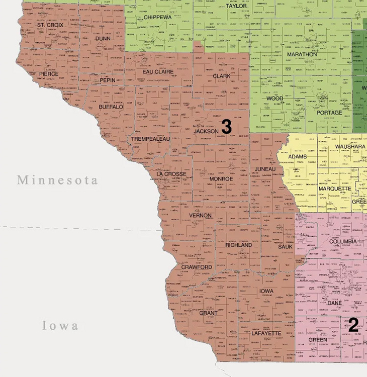 A map shows the portions of Wisconsin included in the 3rd Congressional District following the 2000s round of redistricting.