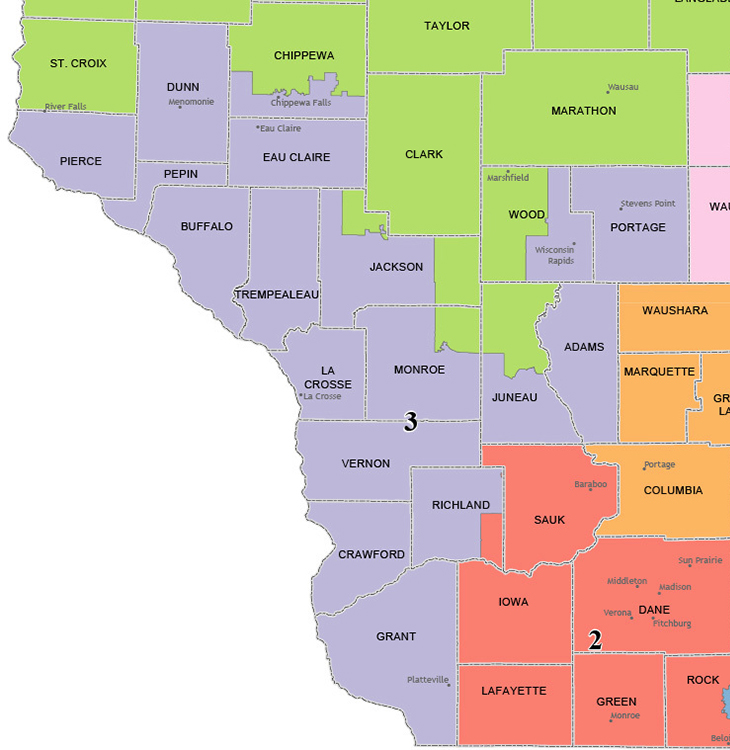 A map shows the portions of Wisconsin included in the 3rd Congressional District following the 2010s round of redistricting.