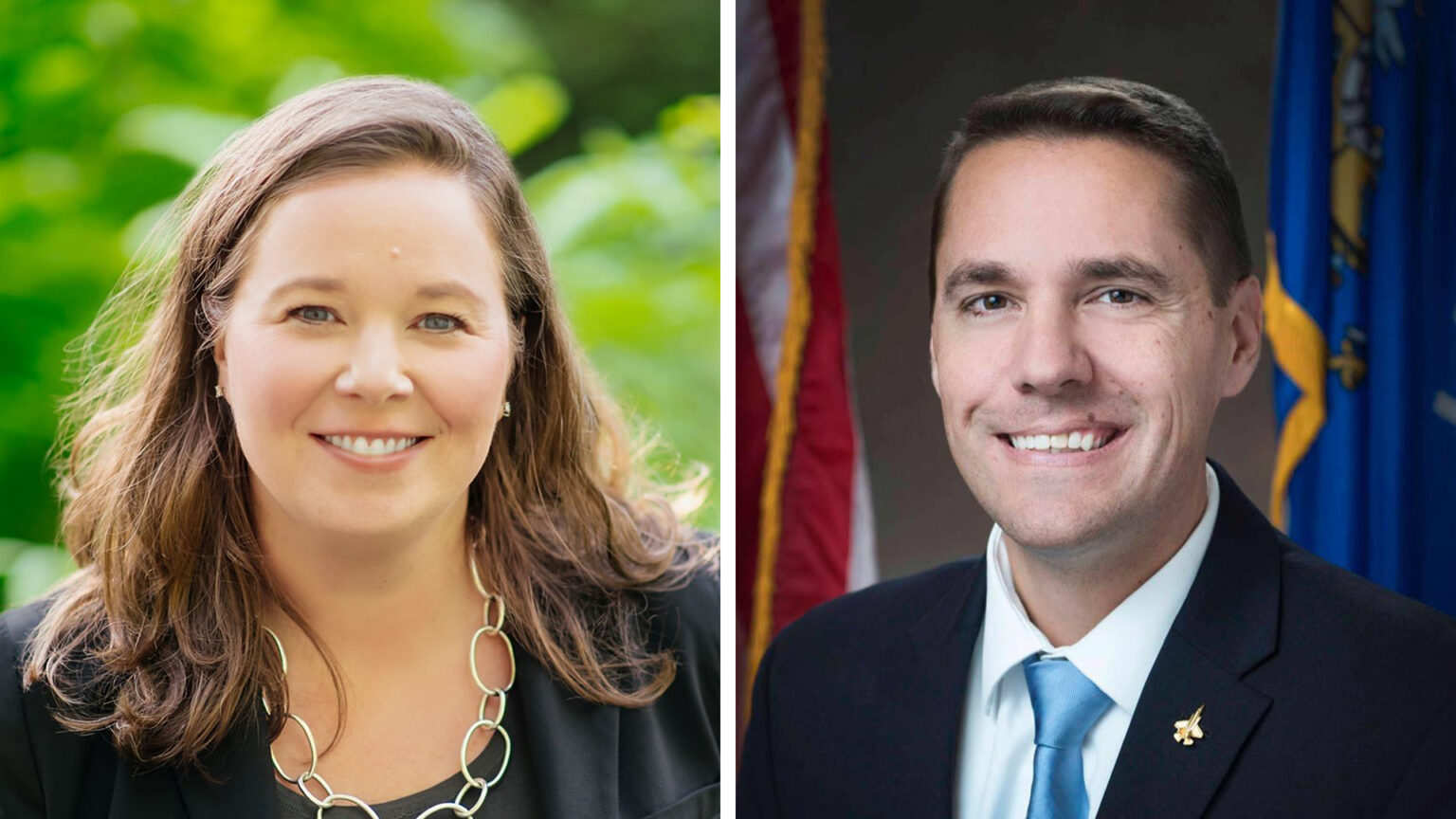 On the left half of a split-screen image, Sara Rodriguez poses for a portrait with trees in the background, while on the right half, Roger Roth poses for a portrait with U.S. and Wisconsin flags in the background.