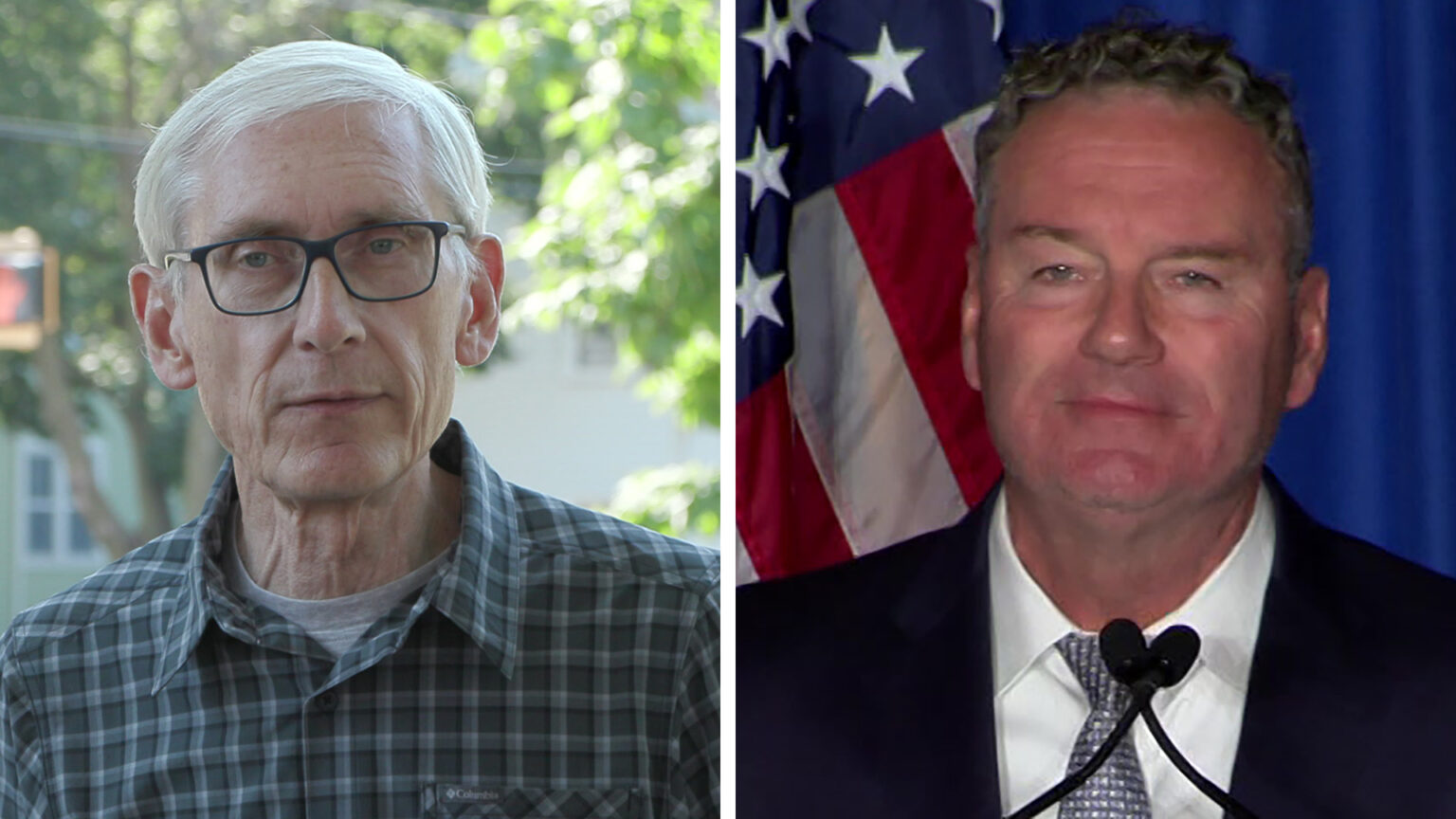 On the left half of a split-screen image, Tony Evers speaks to reporters outdoors with a street sign and tree in the background, while on the right half, Tim Michels speaks into microphones with a U.S. flag in the background.