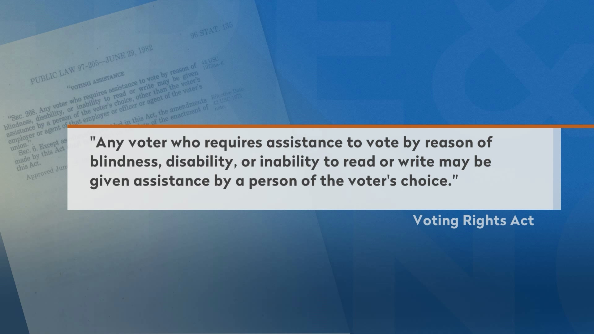A text graphic reads "Any voter who requires assistance to vote by reason of blindness, disability, or inability to read or write may be given assistance by a person of the voter's choice" and is attributed to the Voting Rights Act.