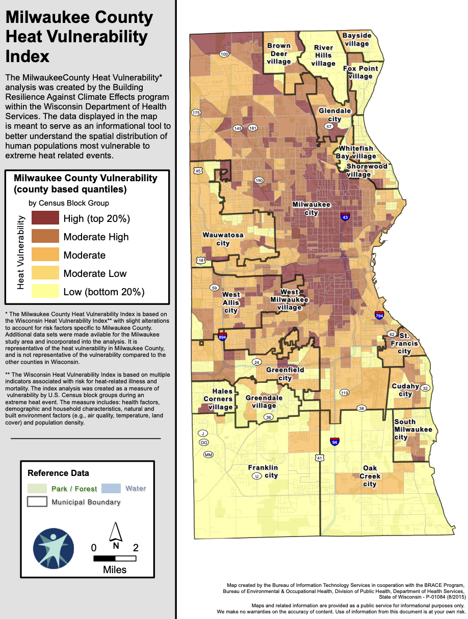 A map titled "Milwaukee County Heat Vulnerability Index" shows color-coded census blocks as being "High," "Moderate High," "Moderate," "Moderate Low" and "Low" in terms of their human populations being vulnerable to extreme heat-related events.