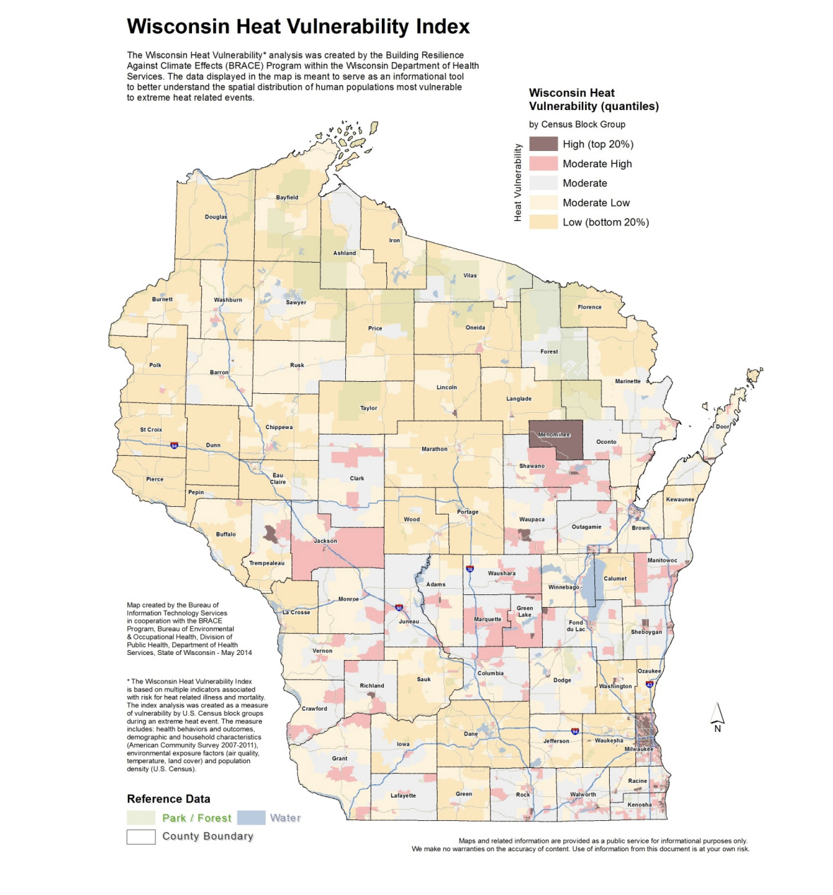 A map titled "Wisconsin Heat Vulnerability Index" shows color-coded census blocks as being "High," "Moderate High," "Moderate," "Moderate Low" and "Low" in terms of their human populations being vulnerable to extreme heat-related events.