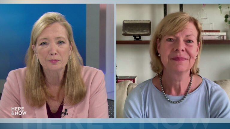 A split screen shows Frederica Freyberg and Tammy Baldwin in different locations.