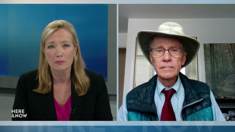 A split screen shows Frederica Freyberg and Doug La Follette in different locations.