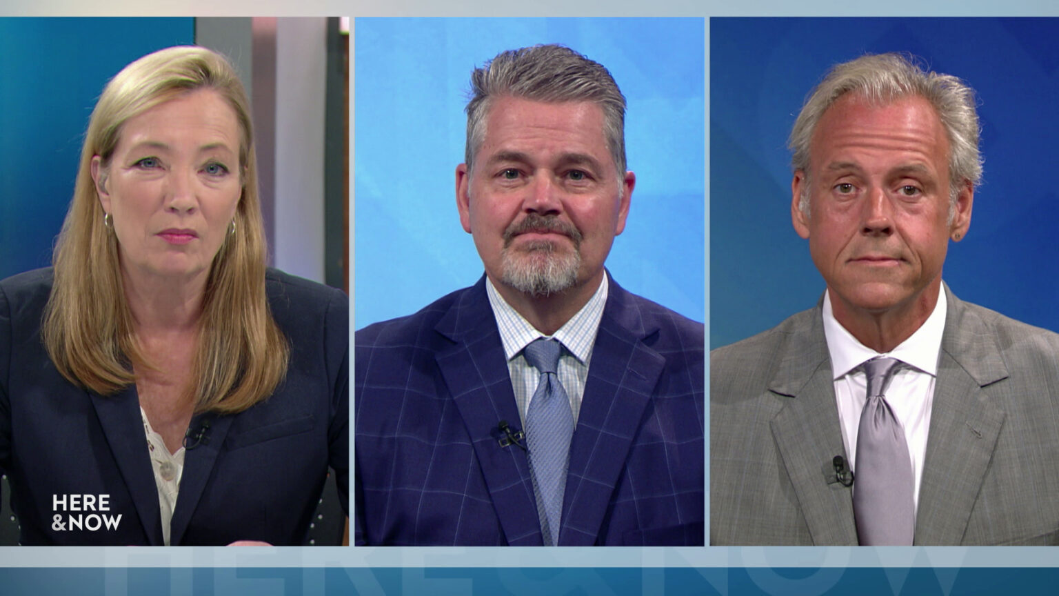 From left to right, a split screen with Frederica Freyberg, Bill McCoshen and Scot Ross seated in different locations on the Here & Now set.