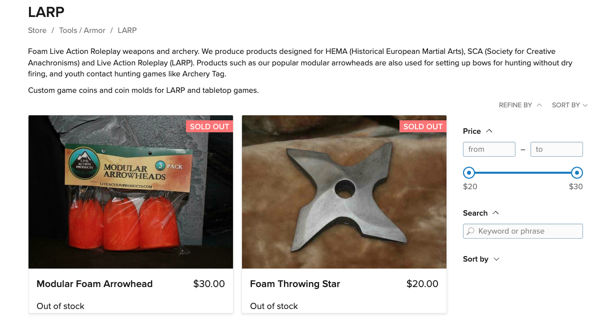 A screenshot from an online commerce website shows photos of "Modular Foam Arrowhead" and "Foam Throwing Star" products, with information about price and availability.