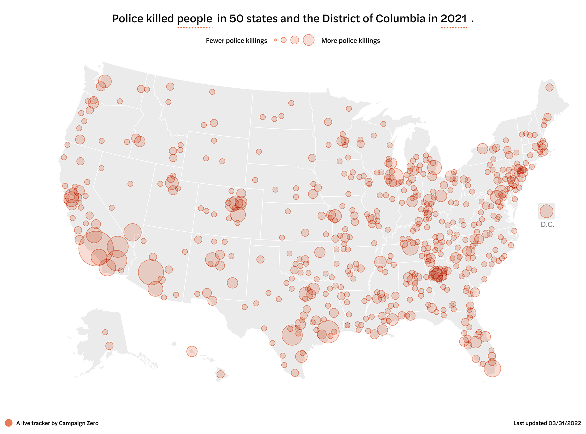 A map of the United States with the title "Police killed people in 50 states and the District of Columbia in 2021" shows circles of various sizes to illustrate scale placed at the sites of police shootings.
