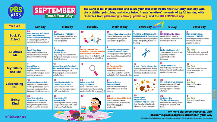 A colorful September activity calendar with school-themed illustrations