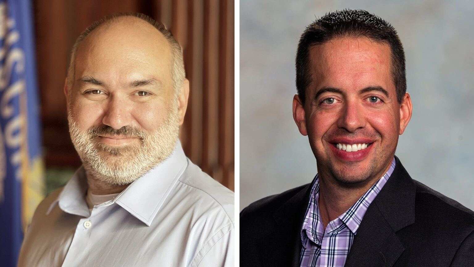 On the left half of a split-screen image, John Lieber poses for a portrait with a Wisconsin flag and wood-paneled walls in the background, while on the right half, Aaron Richardson poses for a portrait with a neutral photography background.