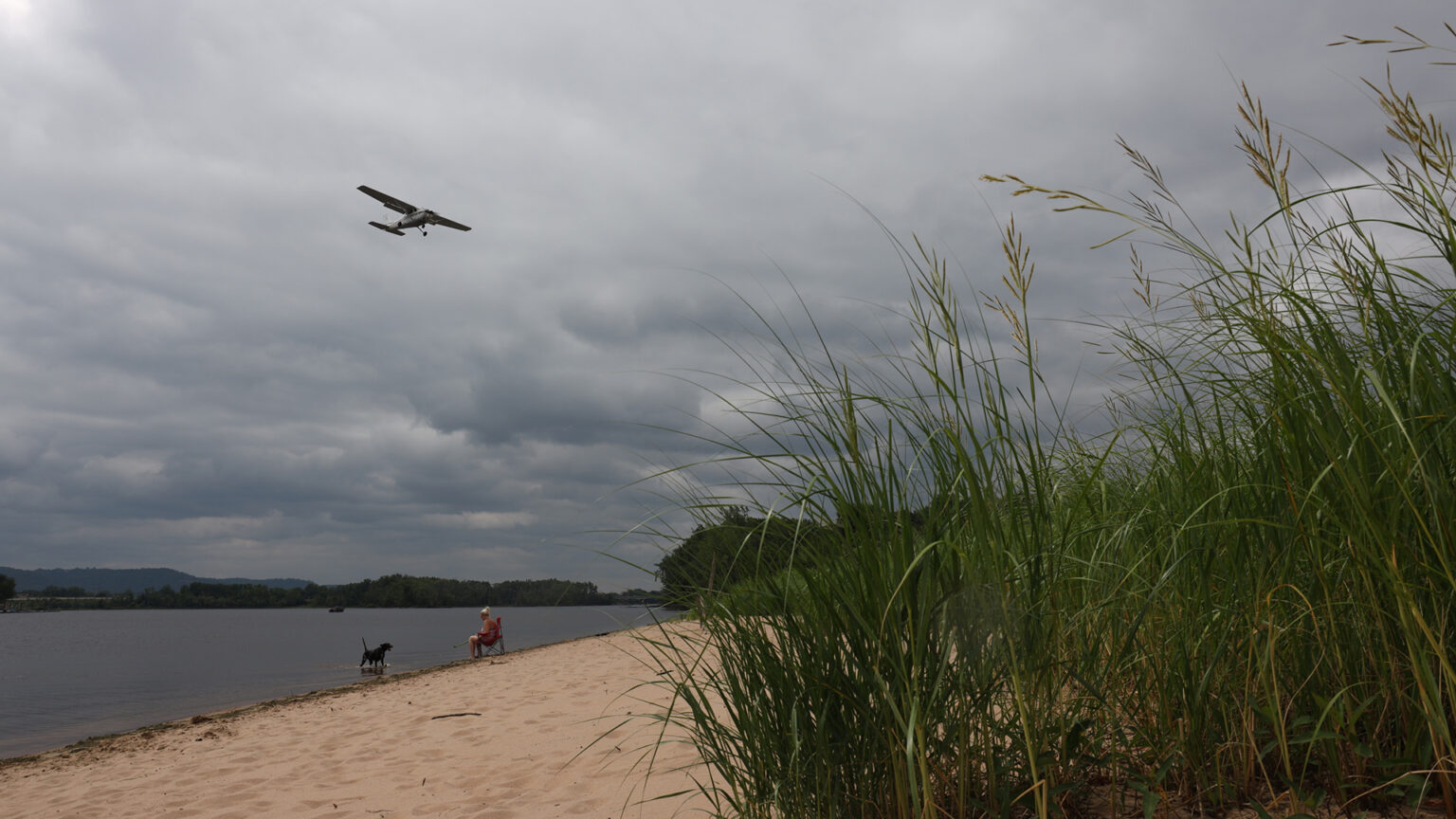 A beachgoer sits on a folding chair and a dog stands in the water of a beach as a single-engine propeller aircraft flies overhead under a cloudy sky, with marsh grasses in the foreground and tree-lined shores and bluffs in the background.