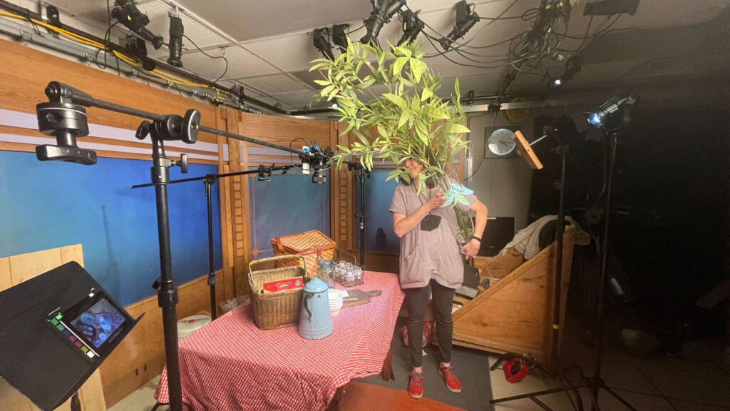 A woman holding a fake plant over a table of props next to camera equipment.