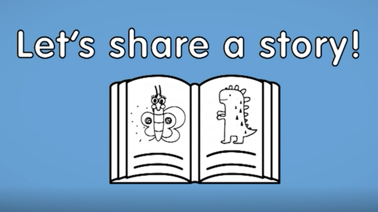 Illustration with butterfly and dinosaur w/ text that reads "Let's Share a Story!"