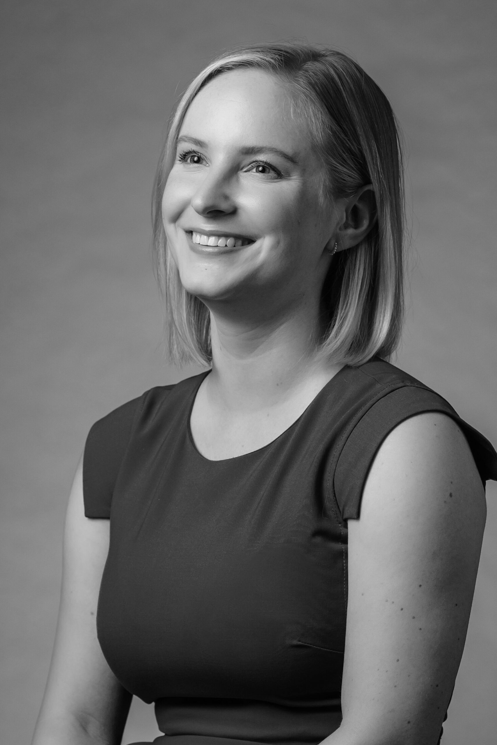 Black and white portrait of Friends of PBS Wisconsin Board Relations Manager, Marike Stucky