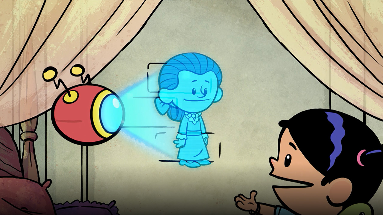 Child gesturing toward a blue projection of a woman