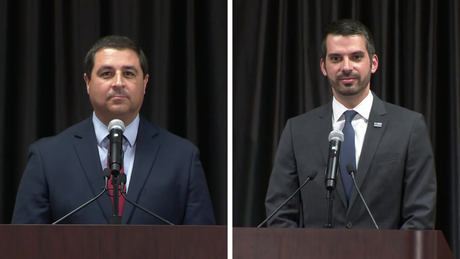 A split screen shows Josh Kaul and Eric Toney both standing behind podiums with microphones and a curtain behind them.