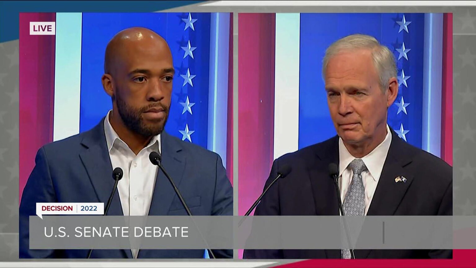 A split screen shows Mandela Barnes and Ron Johnson in different areas of a stage set.