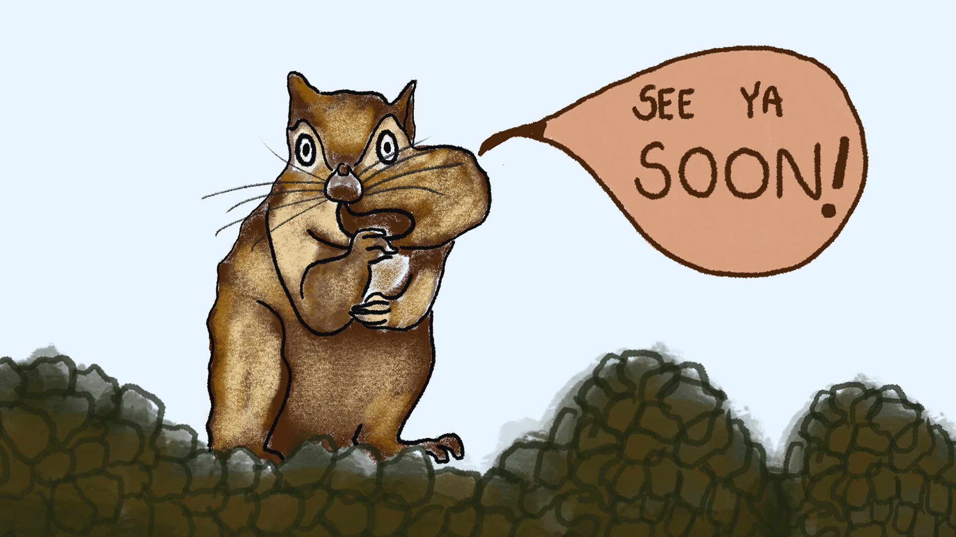 An illustration of a squirrel stuffing its cheek with nuts