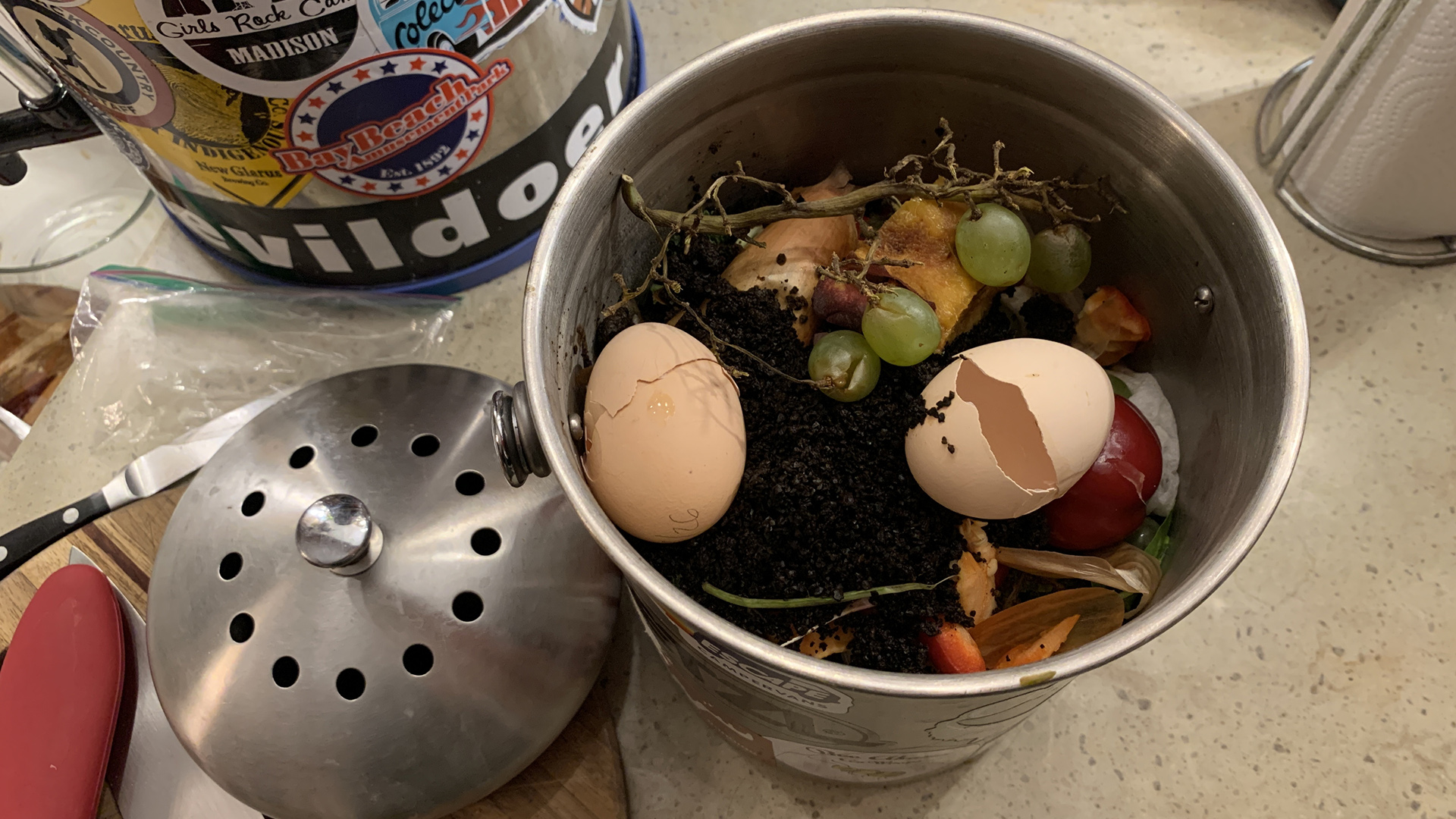 Egg shells, coffee grounds, grape stems and other items sit in a metal bucket placed on a countertop next to another bucket and other kitchen items.