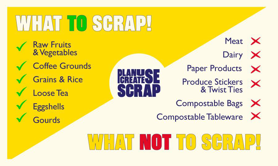 A graphic lists items acceptable to scrap (raw fruits and vegetables, coffee grounds, grains and rice, loose tea, eggshells and gourds) and items not to scrap (meat, dairy, paper products, produce stickers and twist ties, compostable bags and compostable tableware).