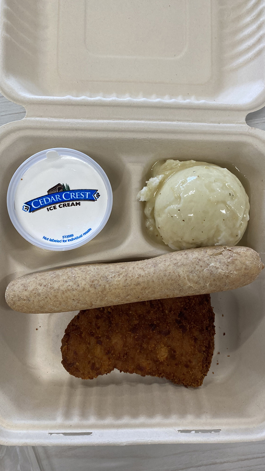 A piece of breaded meat, a bread stick, a scoop of mashed potatoes covered with yellow gravy and a single-serving container of ice cream with a peel-away top are placed in three areas of a clamshell food container.