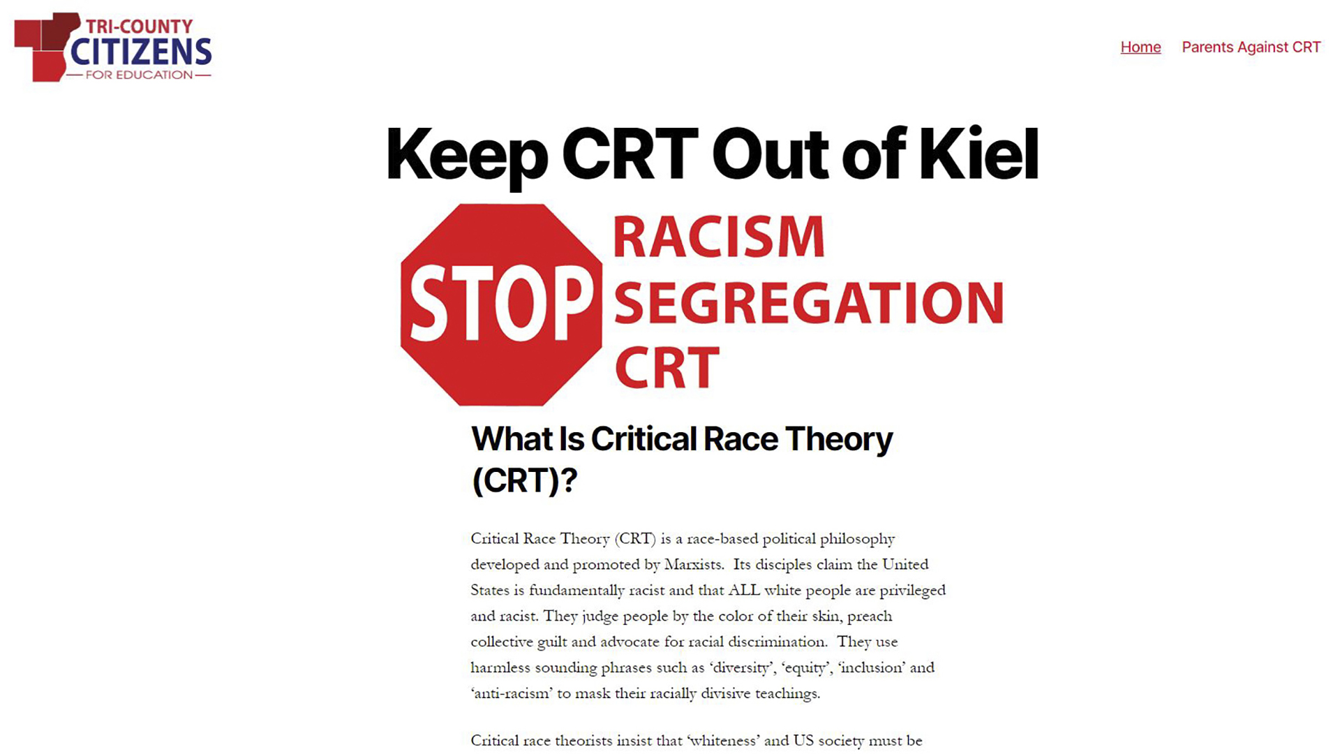 A screenshot from a website shows the headline "Keep CRT Out of Kiel" above a stop sign and the words "Racism," "Segregation," and "CRT," above a FAQ-style question and response about "What is Critical Race Theory (CRT)?"