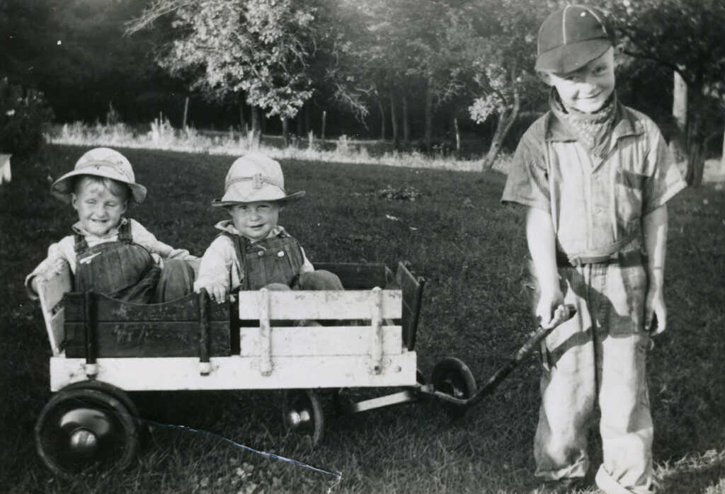 A vintage family photo of of little boy pulling his twin kid brothers in a wagon.