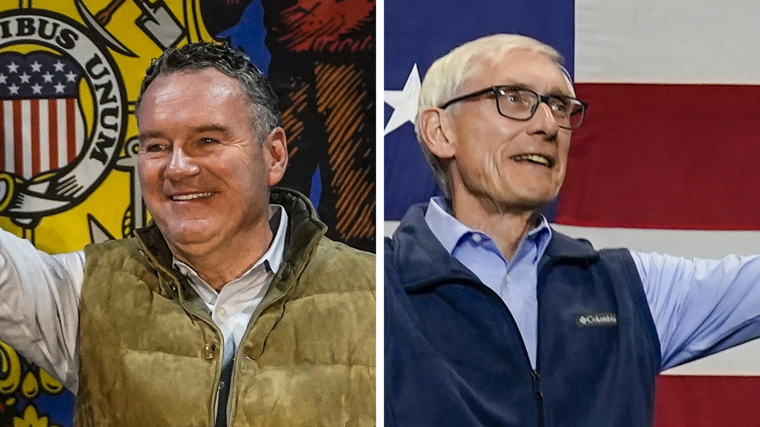 Side-by-side close-up photos show Tim Michels (left) holding up his right arm and smiling in front of a Wisconsin flag and Tony Evers (right) holding up his oeft arm and smiling in front of a U.S. flag.