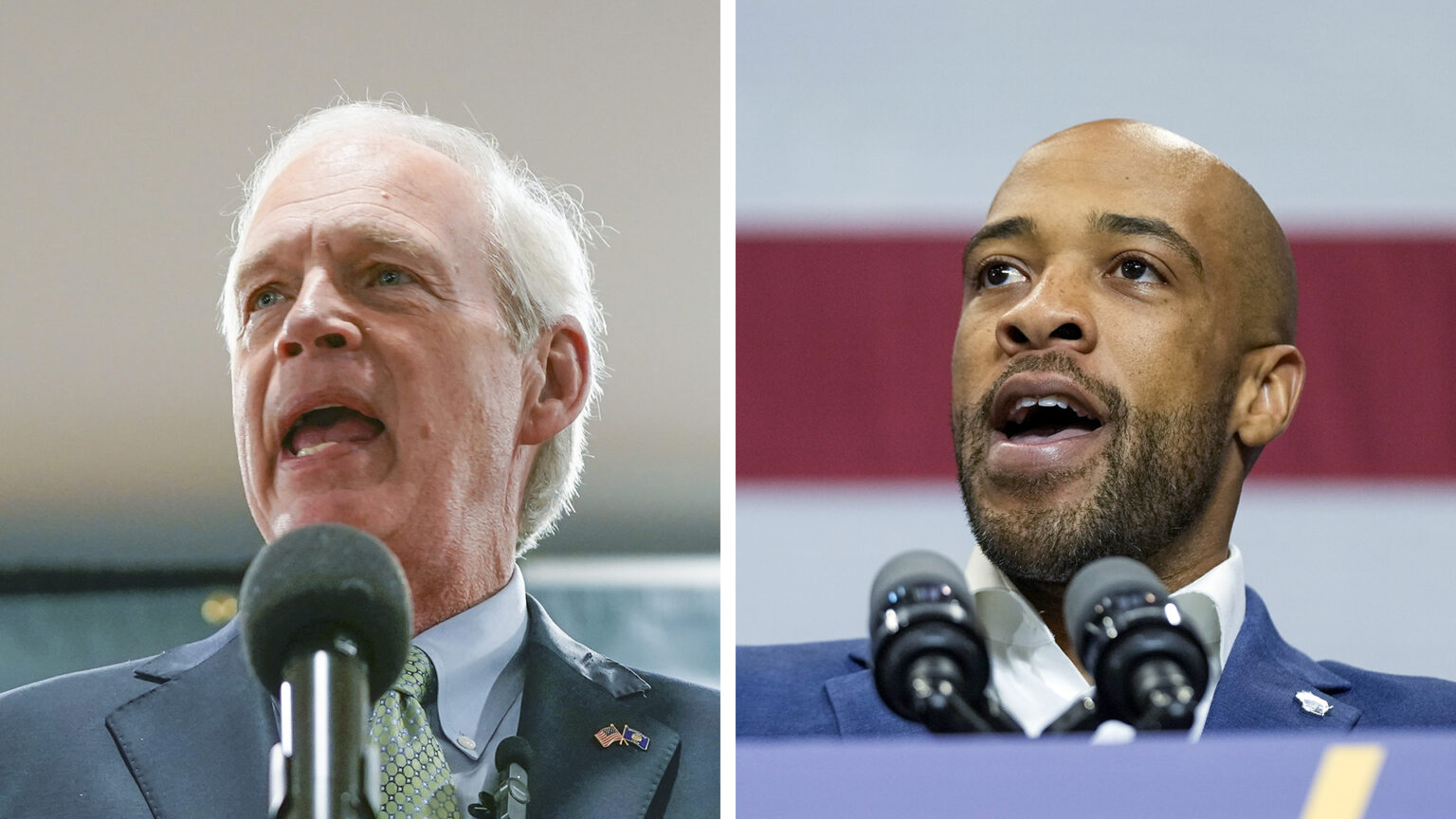 Side-by-side close-up photos show Ron Johnson (left) and Mandela Barnes (right) speaking into microphones.