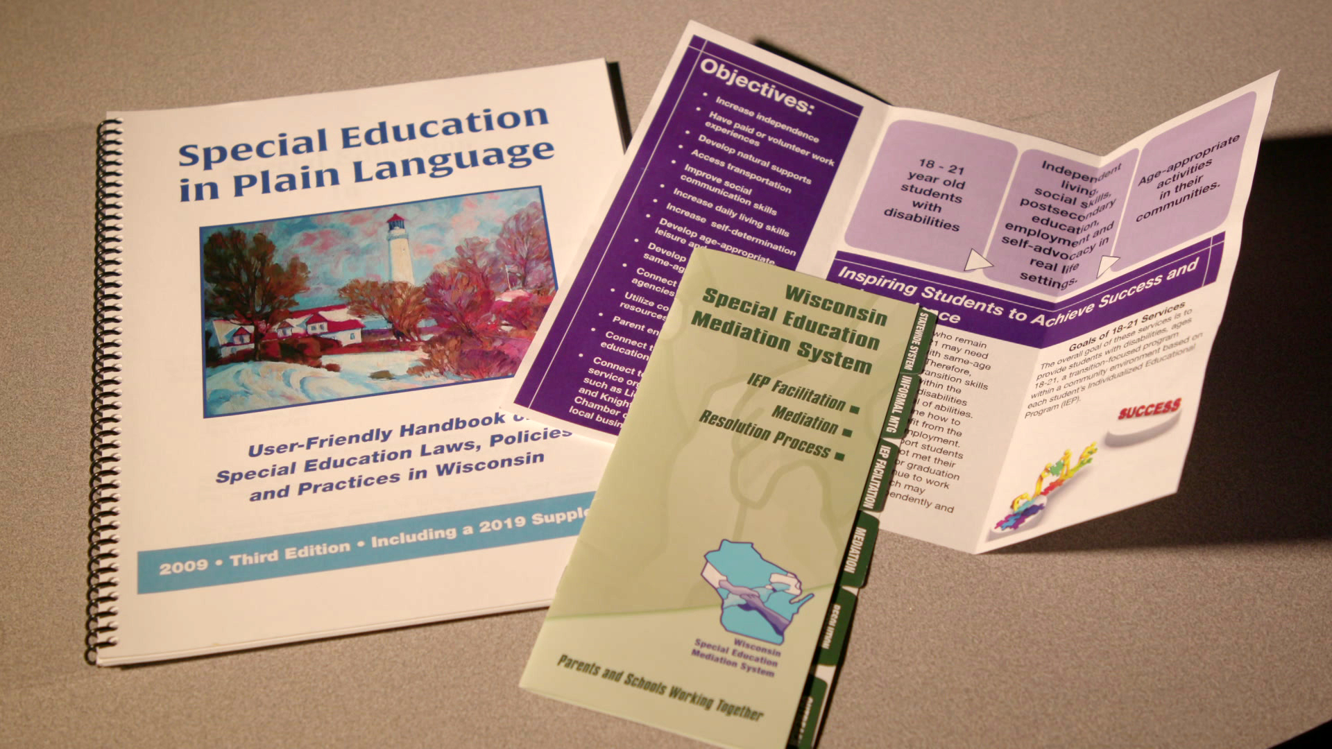 Special education pamphlet materials sit on a table in a classroom.