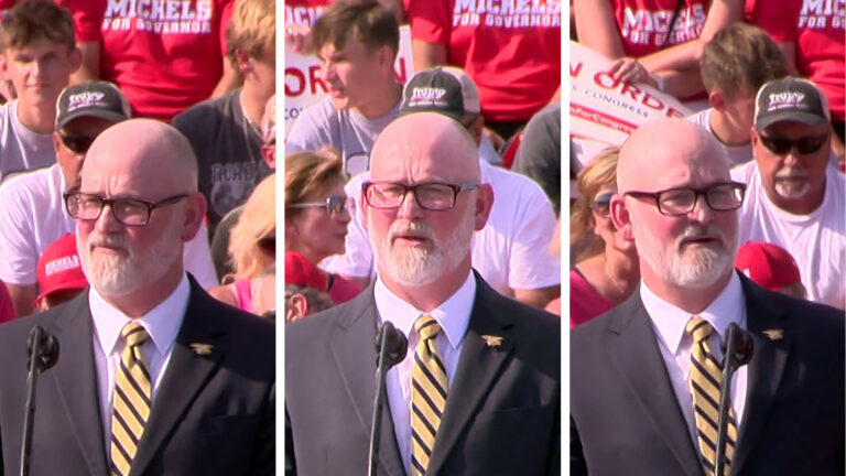 Three side-by-side images show Derrick Van Orden speaking into a microphone with seated audience members in the background.