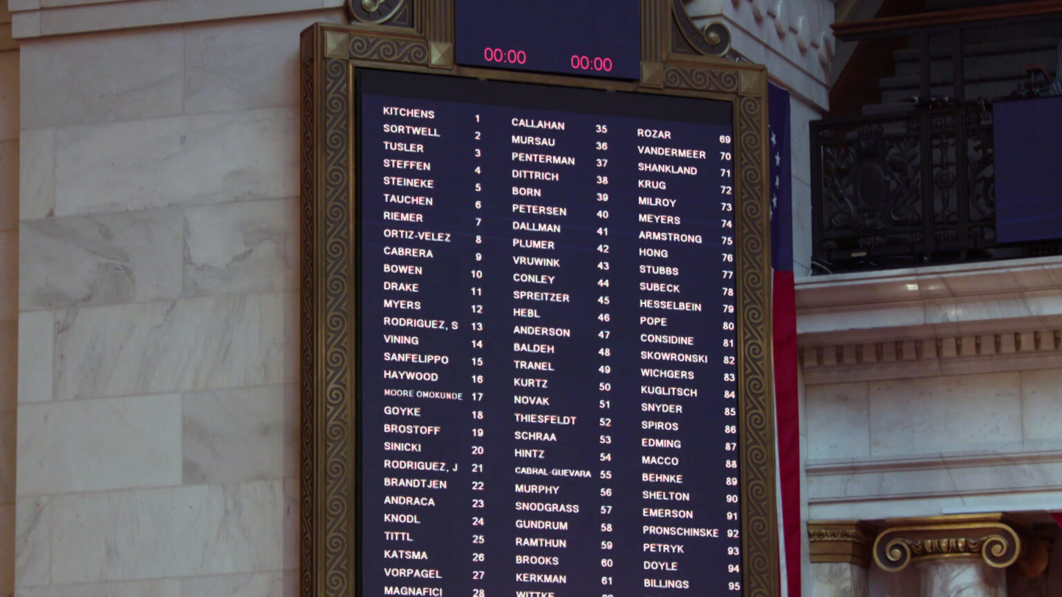 A large display listing illuminated names and numbers, with two digital times at the top, is mounted to a marble wall.