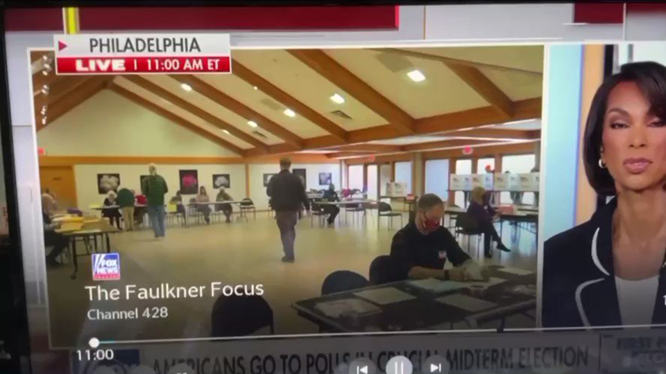 A screenshot from a Fox News broadcast shows a label of Philadelphia superimposed over footage of a polling place in Madison.