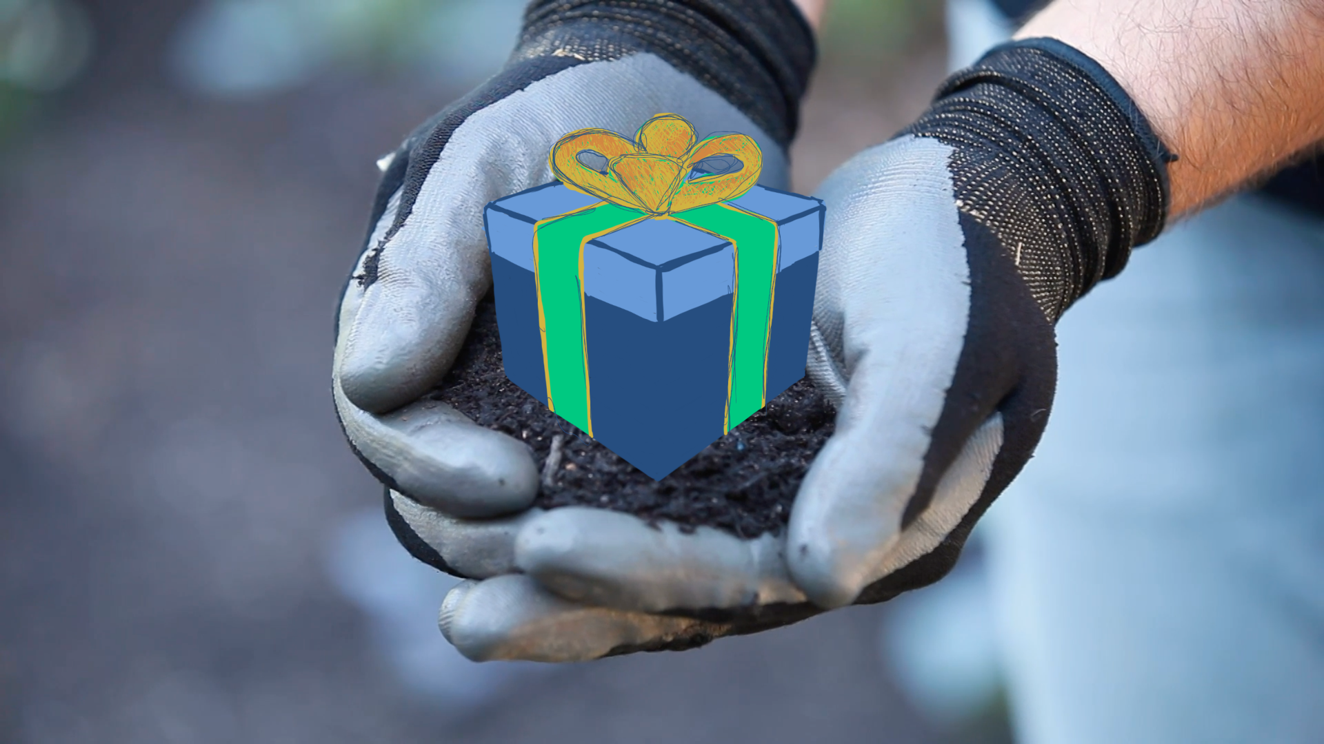 A gardener's hands hold a pile of dirt. An illustration of a gift box sits on top of the dirt.