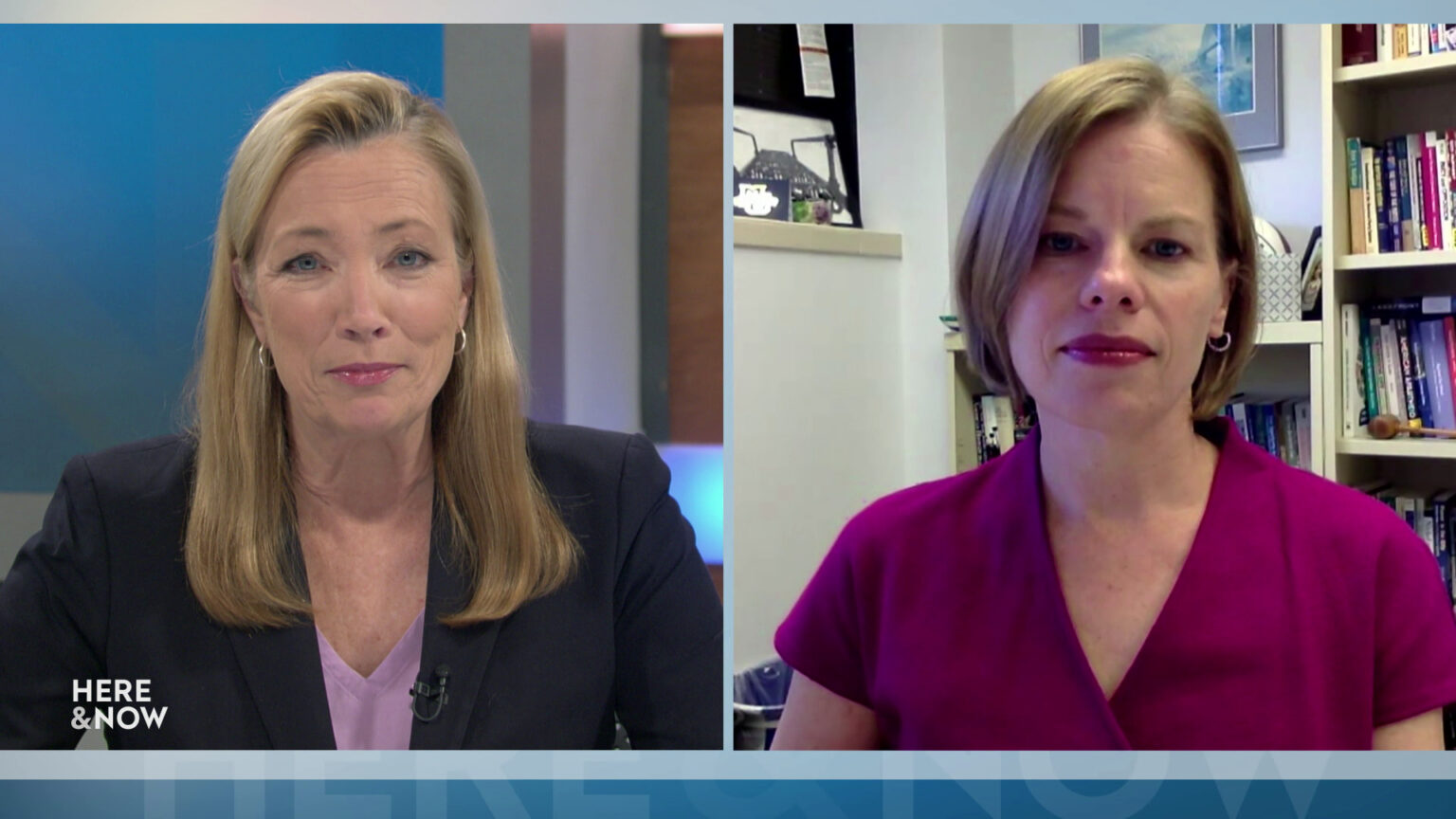 A split screen shows Frederica Freyberg and Amber Wichowsky in different locations.