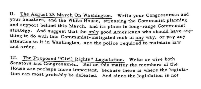 A screenshot of a document published in 1963 lists two numbered bullet points: "II. The August 28 March on Washington." and "III: The Proposed 'Civil Rights' Legislation." and encourages readers to express their opposition to Congress.