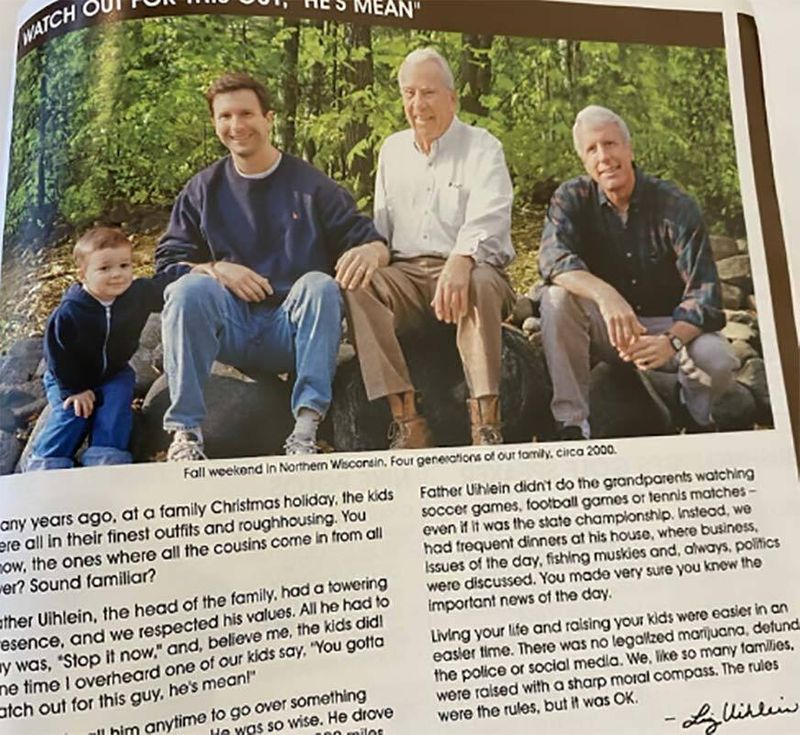 A page from a catalog shows a family portrait and several paragraphs of text below it.