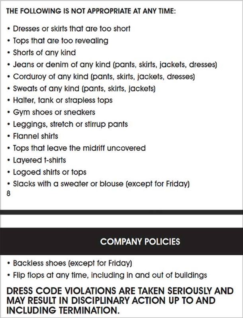 An image from an employee handbook shows a list of prohibited items in office dress code followed by a line reading "DRESS CODE VIOLATIONS ARE TAKEN SERIOUSLY AND MAY RESULT IN DISCIPLINARY ACTION UP TO AND INCLUDING TERMINATION."