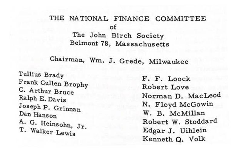 A page from a John Birch Society bulletin shows a list of members of its National Finance Committee.