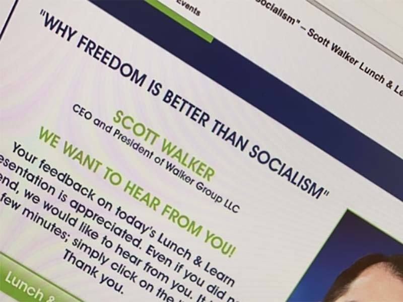 A screenshot of an email promotes an event titled "Why Freedom Is Better Than Socialism" with Scott Walker.