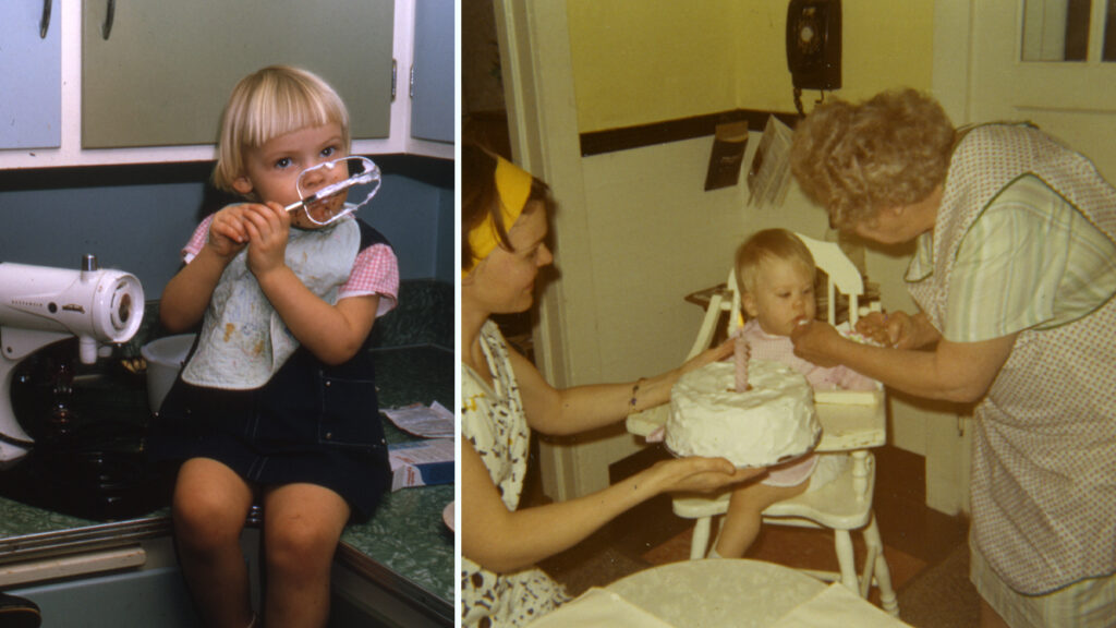 Split image: left a vintage photo of a little girl sitting on a counter, licking the beaters of a mixer. Right, a vintage photo of a grandmother feeding a baby in a high chair. 
