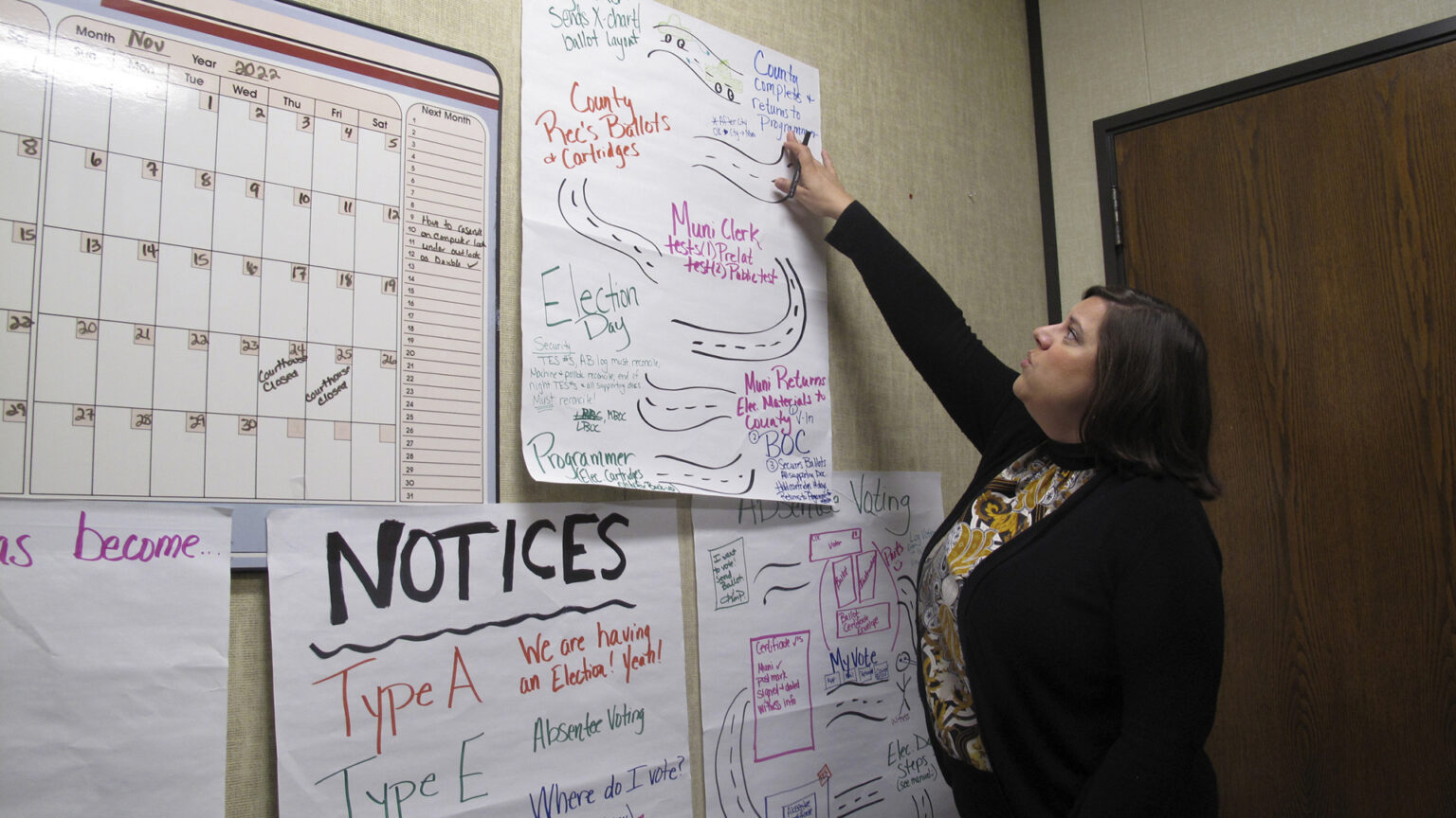 Kim Pytelski points with her right hand toward a piece of poster paper attached to a wall that is covered with a hand-drawn infographic, with other pieces of paper and a dry-erase calendar also mounted on the wall.
