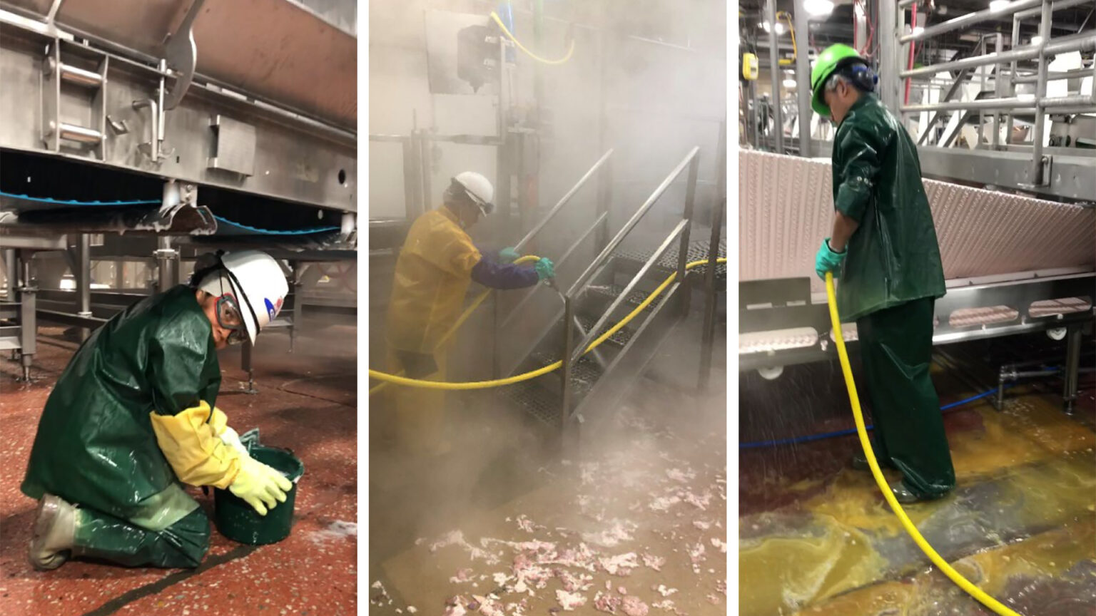 Three side-by-side photos show workers in meatpacking plants wearing protective gear, including coats and pants, helmets and goggles, working to clean floors and equipment of animal byproducts in wet conditions.