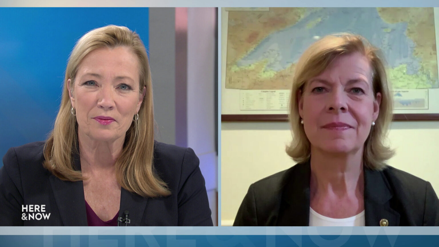 A split screen shows Frederica Freyberg and Tammy Baldwin in different locations.