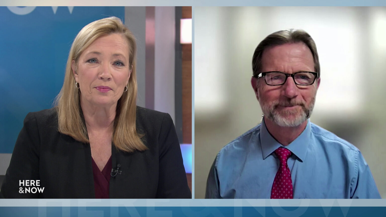 A split screen shows Frederica Freyberg and Jim Zellmer in different locations.